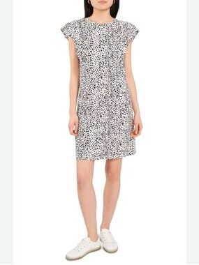 Vince Camuto Animal Print White and Black Dotted Short Sleeve Print Dress Size L